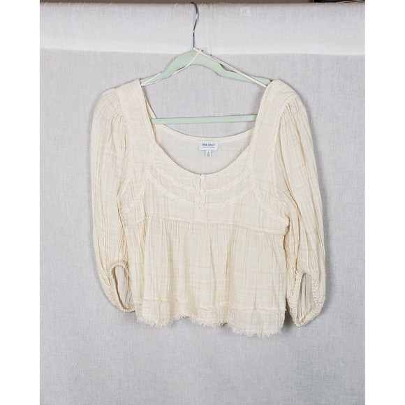 True Craft Tops - TRUE CRAFT Baby Doll‎ Blouse Top L Ivory Textured Striped Gauze Boho Raw Hem